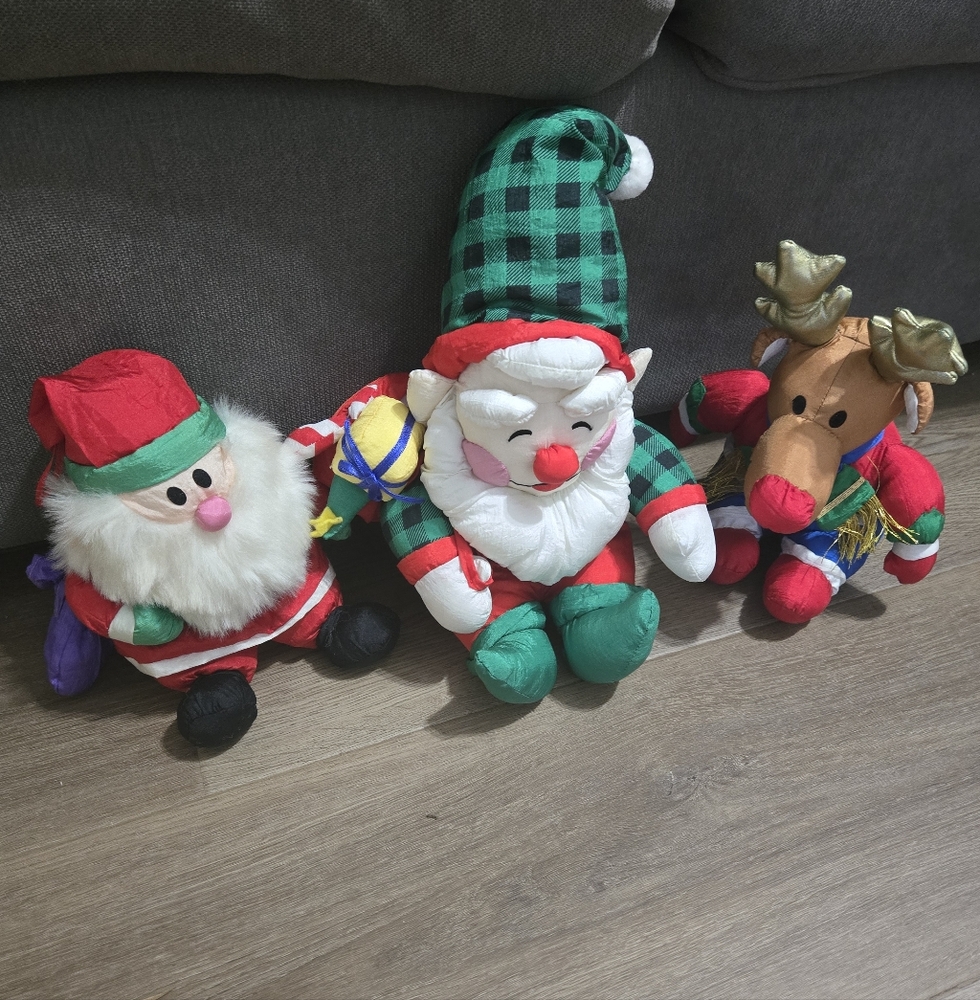 3 Christmas Nylon Plushes 2 Santas 1 Reindeer 9" & 12" Plushes